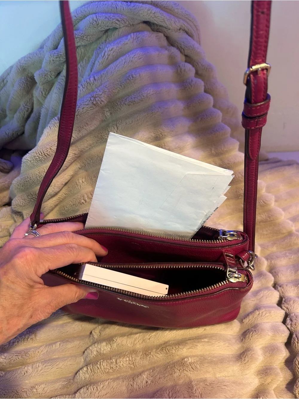Coach Pebbled Leather Double Zip Wristlet - Raspberry - Picture 14 of 16